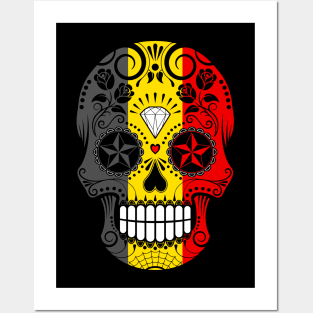 Belgian Flag Sugar Skull with Roses Posters and Art